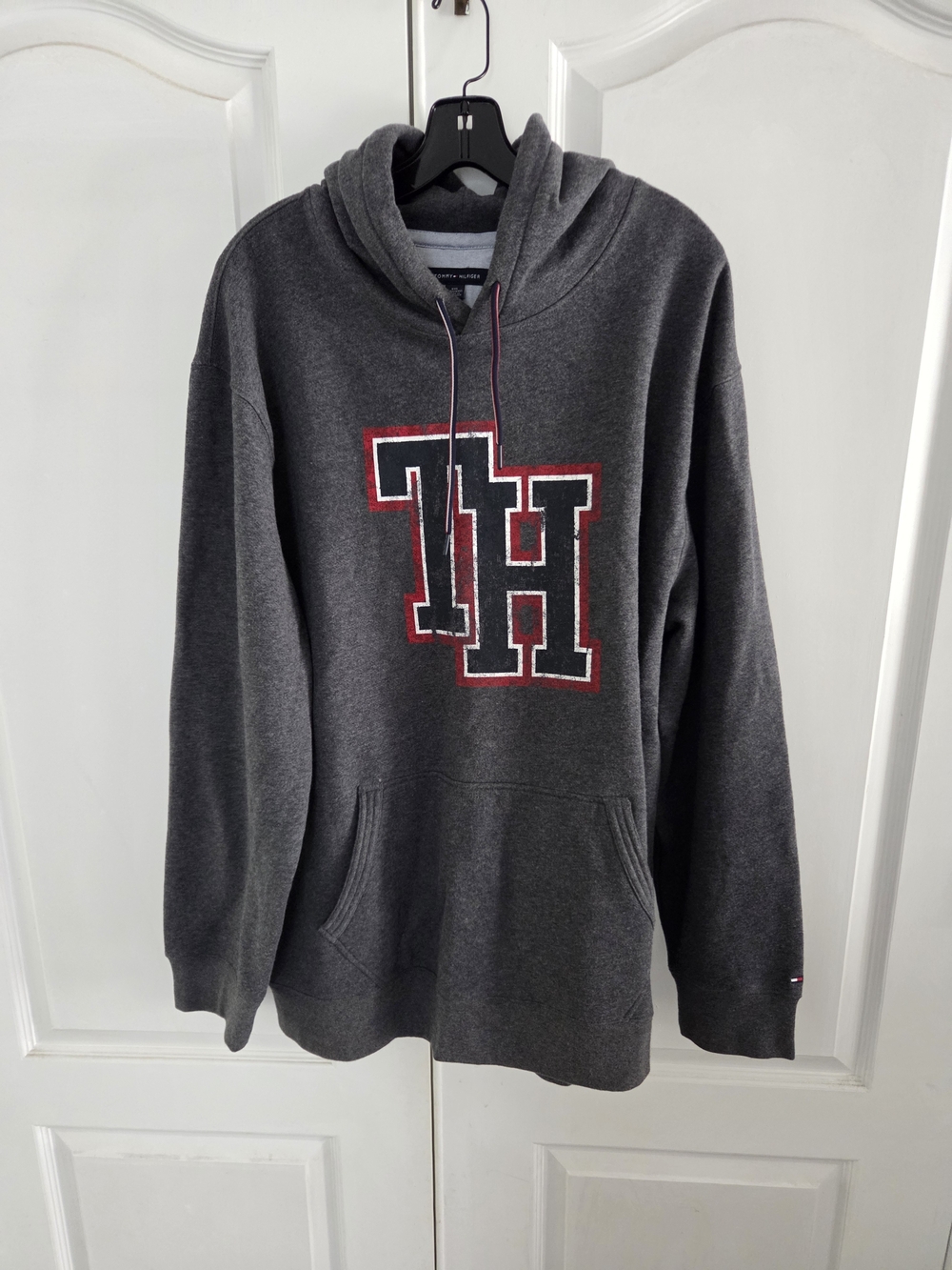 Tommy Hilfiger Charcoal Gray Hoodie with Red & Black 'TH' Chest Logo
